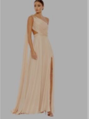 Mac Duggal One-Shoulder Peach Evening Gown with Sheer Cape